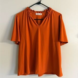 89th & Madison Orange Ruffle-Trim V-Neck Short Sleeve Top
